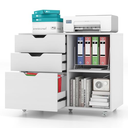 Mobile 3-Drawer File Cabinet, Rolling Lateral Filing Cabinet (White) | Printer Stand Cabinet | Adjustable Shelf | Lockable Wheels | For Letter, A4, Legal Size | For Home Office Organization - color: White