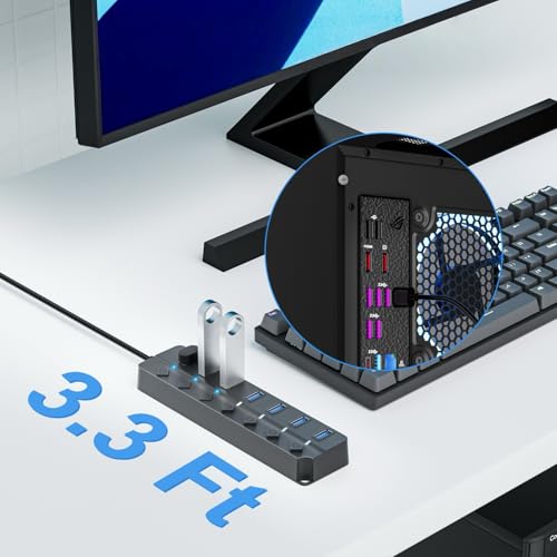 USB Hub 7 Port, USB Splitter with Individual On/Off Switches and Lights - color: Gray