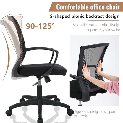 FDW | Mid Back Office Chair | Black | with Lumbar Support, 360 Swivel | Ventilated Design, Height Adjustment | 250 lbs Load Capacity, Rolling Casters | Easy Assembly | For Home, Office - color: Black