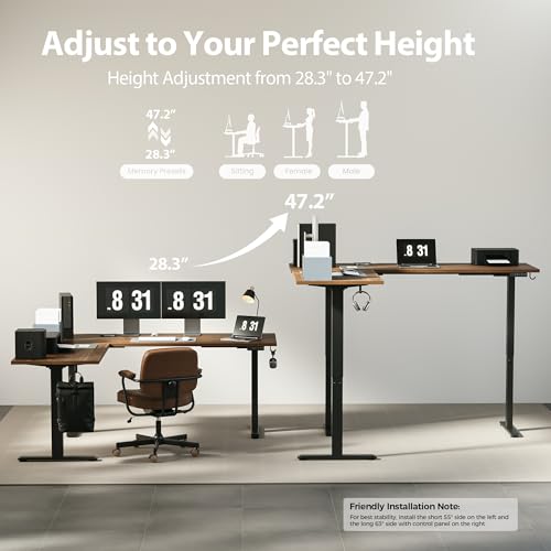 Agilestic 73 x 61 Inch L Shaped Electric Standing Desk, Dark Walnut - color: Dark Walnut, size: 73x61 Inch