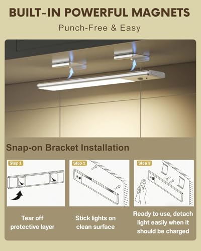 Under Cabinet Lighting Wireless Motion Sensor Light Indoor, 12" Rechargeable Kitchen Bar Lights, 300LM Ultra-Bright Cabinet Lights with Remote, 2500mAH, USB-C, 3 Colors, 3 Packs