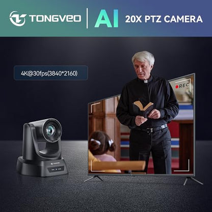 TONGVEO Conference Room PTZ Camera System with 20X Optical Zoom, AI Auto Tracking 1080P 60fps HDMI USB Webcam for Church Streaming Online Video Conference,Compatible with Zoom, OBS Easy Setup - color: Black