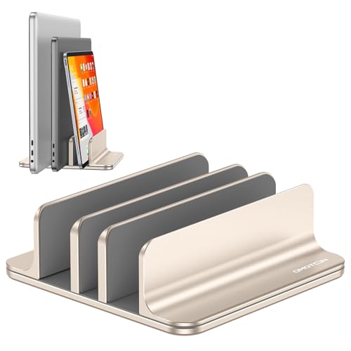 OMOTON 3-Slot Multiple Vertical Laptop Stand, Fits MacBook, Starlight | Adjustable Width 0-1.38", Aluminum Office Space-Saving for Desk, Fits MacBook/Book/iPad Up to 17.3in - color: Three Slots-Starlight