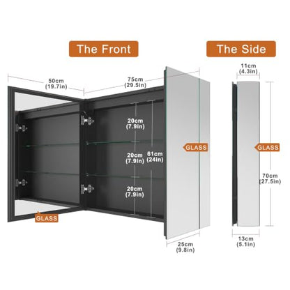 30*28 inch Two-door Aluminum LED Lighted Bathroom Medicine Mirror Cabinet | Light Adjustable, Sockets & USBs inside, Anti-Fog, Easy to Install - color: 30*28 Two-door