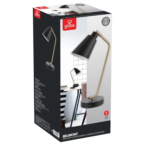 Globe Electric 52095 Belmont 17" Desk Lamp, Matte Black, Antique Brass Accents, Fast Charging USB Port, Rocker On/Off Switch - color: Belmont Matte Black