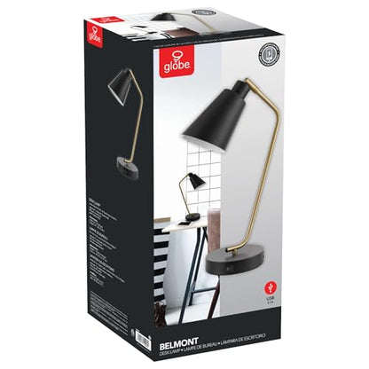 Globe Electric 52095 Belmont 17" Desk Lamp, Matte Black, Antique Brass Accents, Fast Charging USB Port, Rocker On/Off Switch - color: Belmont Matte Black