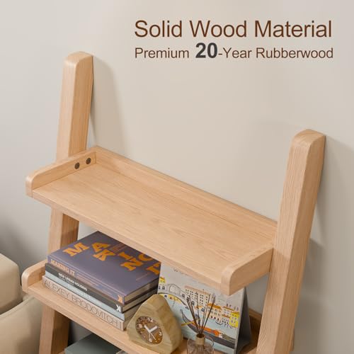 AQIMUELE Wooden Ladder Shelf with Edges, 5-Tier Modern Leaning Bookshelf Ladder – Stylish Space-Saving Bookcase for Living Room, Bedroom & Home Office - color: Natural, size: 5-Tier