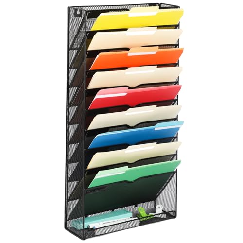 Desk File Organizer Mesh 11-Tier, Hanging Wall Mount Document Organization Stand, Desktop Vertical Mail Paper Folder Holder Rack with Bottom Tray for Office Home Cubicle Countertop, Black - color: Black, size: 10 Tier Upgrade