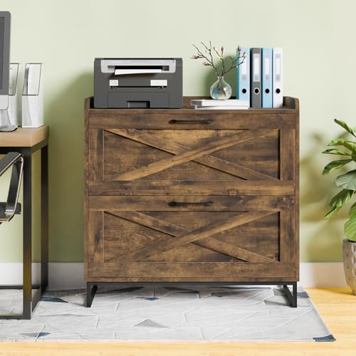 2 Drawer Lateral File Cabinet, Filing Cabinet with Charging Station for Letter/Legal/A4 Size Hanging Files, Modern Farmhouse File Storage Cabinet for Home Office, Printer Stand with Storage, Brown - color: Brown