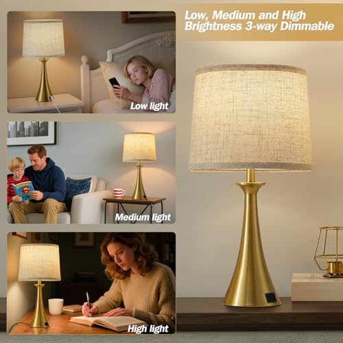 Touch Table Lamps Set of 2, 21" Bedside Lamps with USB C+A, Gold | 3 Way Dimmable Nightstand Lamps with Linen Shades, 2 LED Bulbs Included, Touch Lamp for Living Room, Bedroom and End Tables - color: Gold 2pcs