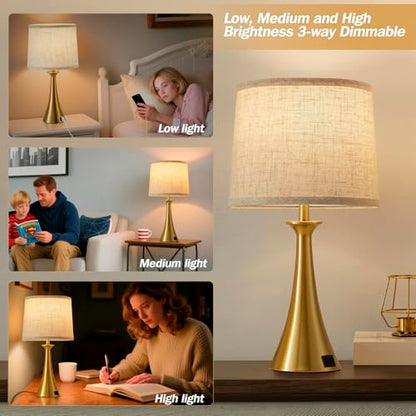 Touch Table Lamps Set of 2, 21" Bedside Lamps with USB C+A, Gold | 3 Way Dimmable Nightstand Lamps with Linen Shades, 2 LED Bulbs Included, Touch Lamp for Living Room, Bedroom and End Tables - color: Gold 2pcs