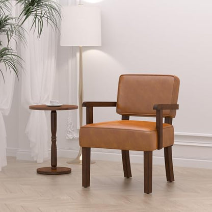 FAGAGA Faux Leather Accent Chair, Mid-Century Armchair with Wood Frame | Upholstered Living Room Chair, Comfy Reading Chair for Bedroom, Waiting Room, Home Office, Easy Assembly, Brown - color: Faux Leather Brown, size: One Chair