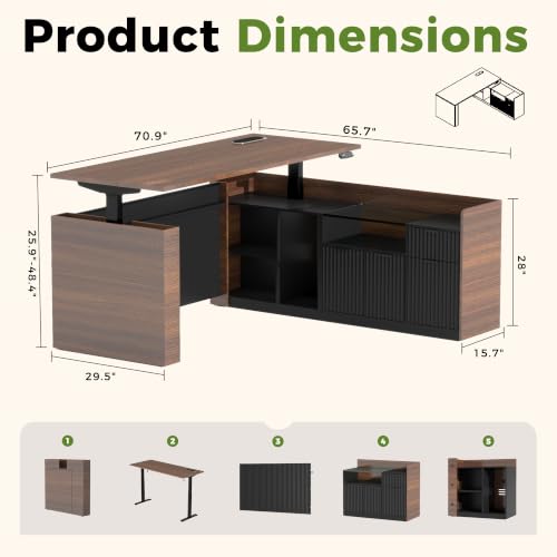 70.9”L-Shape Executive Standing Desk, Snap-Lock &Built-In Power Outlet | Brushless Motor, Smart Controller, Cable Management, Privacy Panel, Movable Cabinet, Home & Corporate Office