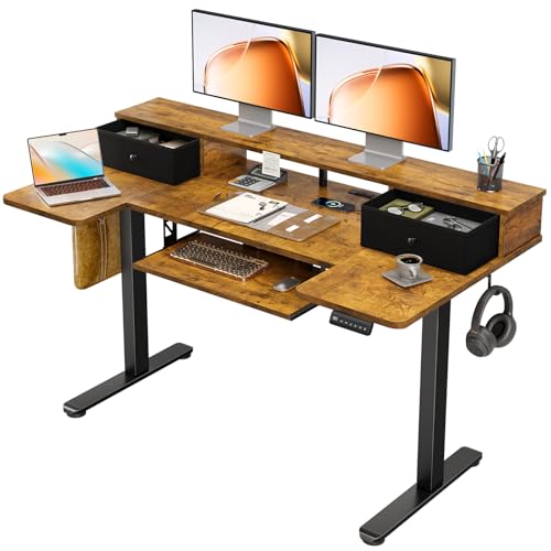 OffiGo 55 Inch U Shape Standing Desk, Keyboard Tray & Drawers, Rustic Brown - color: Rustic Brown With Drawers, size: 55 Inch