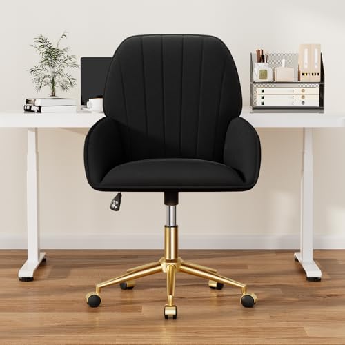 Home Office Desk Chair Comfy with Adjustable Swivel Wheels, Modern Velvet Makeup Vanity Chair with Back & Pillow, Ergonomic Office Chair Computer Task Chair for Living Room, Bedroom, Black - color: Black