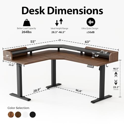 Agilestic 63 Inch L Shaped Electric Standing Desk with Shelf, Dark Walnut - color: Dark Walnut, size: 63x55 Inch Pro