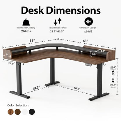 Agilestic 63 Inch L Shaped Electric Standing Desk with Shelf, Dark Walnut - color: Dark Walnut, size: 63x55 Inch Pro