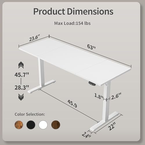 Agilestic Electric Height Adjustable Standing Desk, 63 Inch, Arctic White - color: White, size: 63x23.6 Inch