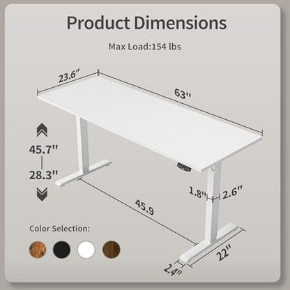 Agilestic Electric Height Adjustable Standing Desk, 63 Inch, Arctic White - color: White, size: 63x23.6 Inch