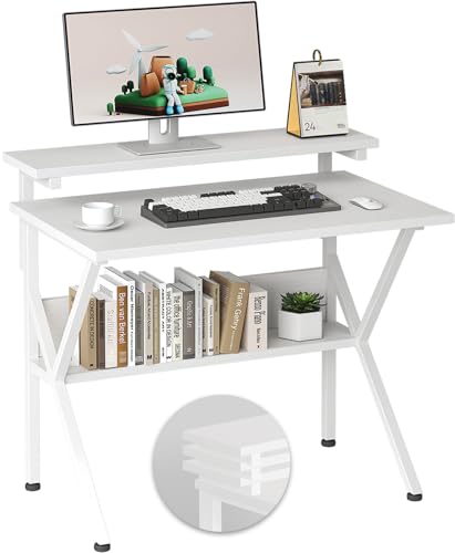 COTUBLR Small Desk, 27.5 Inch Small Computer Desk for Small Spaces, Computer Desk with Adjustable Monitor Stand, Compact Desk with Storage, Tiny Desk Study Desk for Bedroom Home Office, White - color: White