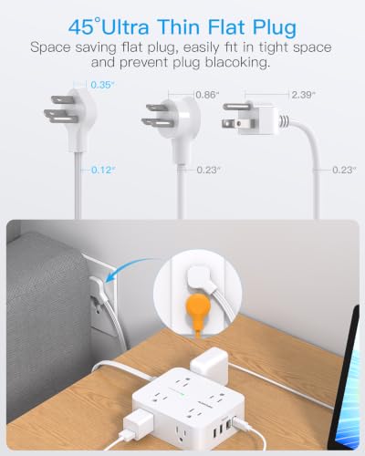 15 Ft Long Extension Cord with Multiple Outlets, Flat Plug Power Strip | Surge Protector, 1080J, 8 Outlets 4 USB Ports(2 USB C), Desk Outlet Extender, Wall Mount, Home Office Dorm Room Essentials