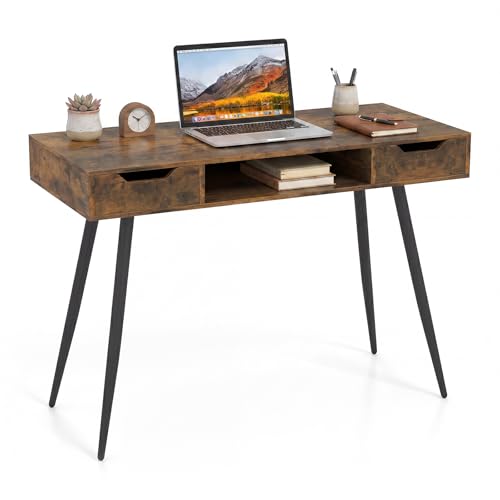Tangkula Mid Century Modern Computer Desk | Writing Desk with 2 Drawers & Open Center Storage, Small Wooden Study Table for Home Office & Compact Spaces - color: Rustic Brown