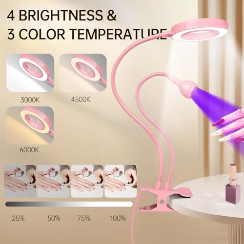 AORAEM LED UV Nail Lamp with Double-Head and 6X Magnifier, Pink | Gooseneck Lamp for Gel Nails, Flash Cure Lamp for Home DIY Salon - color: Magnifier-Pink