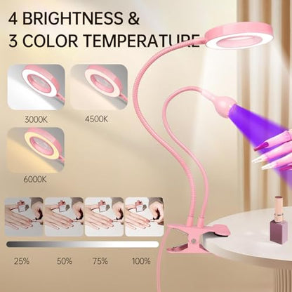 AORAEM LED UV Nail Lamp with Double-Head and 6X Magnifier, Pink | Gooseneck Lamp for Gel Nails, Flash Cure Lamp for Home DIY Salon - color: Magnifier-Pink