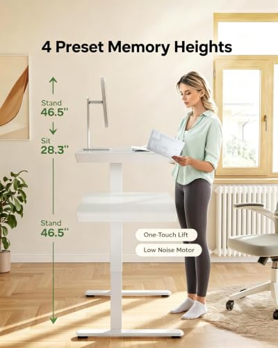 Marsail Glass Standing Desk with Drawer,55 x 28 inch Electric Standing Desk, Adjustable Height Desk with Storage & USB Charging Ports, One-Piece Standing Desk for Home & Office, White