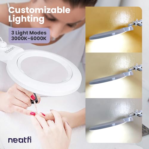 Neatfi XL Bifocal LED Magnifying Lamp, 7" Acrylic Lens, 2.25X/6X, 1,600 Lumens Dimmable | 3 Light Modes, Adjustable Arm & Clamp | Reading, Crafting & Jewelry (White, 7-inch Lens, CCT with Clamp) - color: White