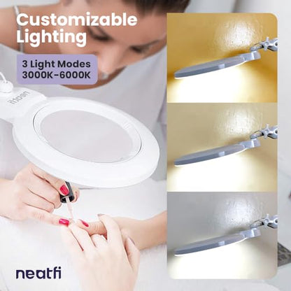 Neatfi XL Bifocal LED Magnifying Lamp, 7" Acrylic Lens, 2.25X/6X, 1,600 Lumens Dimmable | 3 Light Modes, Adjustable Arm & Clamp | Reading, Crafting & Jewelry (White, 7-inch Lens, CCT with Clamp) - color: White