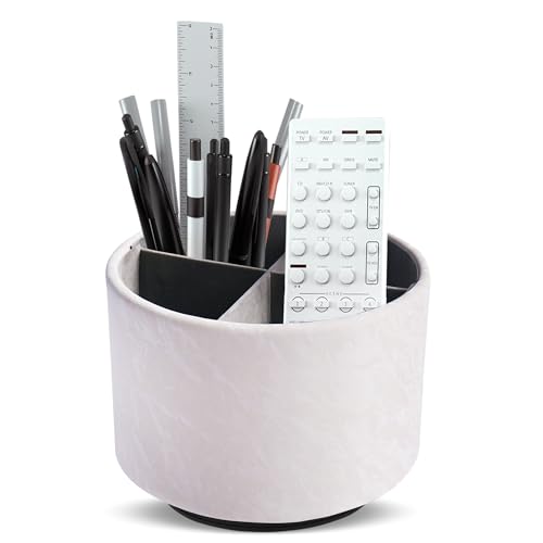 Round Leather Art Supply Organizer,Remote Control Holder,360 Degree Spinning,Multi-Functional Pencil Holder,4 Compartments Desktop Stationary Organizer(1-Hill White) - color: 1-Hill White