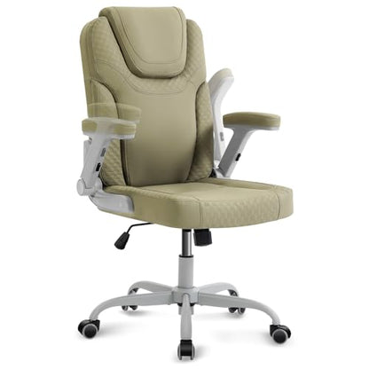 SEATZONE Green Office Chair Ergonomic Desk Chair with Lumbar Support, Flip-Up Arms, Adjustable Swivel Computer Chair with Wheels, PU Leather Executive Task Chair for Home Office Small Space - color: Green