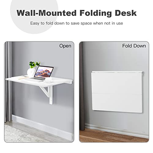COSTWAY Wall Mounted Folding Table, 31.5" x 23.5" Drop-Leaf Floating Writing Desk for Small Spaces, Space-Saving Fold Down Laptop Workstation for Kitchen, Bedroom, Laundry Room, Study Room (White) - color: White