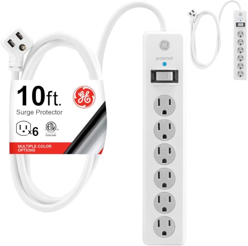GE Surge Protector Power Strip,10 Ft Extension Cord,6 Outlet Extender,800 Joules,Flat Plug,Twist-to-Close Safety Covers,ETL Listed,White,46864, 2 Count (Pack of 10) - color: White, size: 10 Ft (Pack of 10), style: 2 Pack