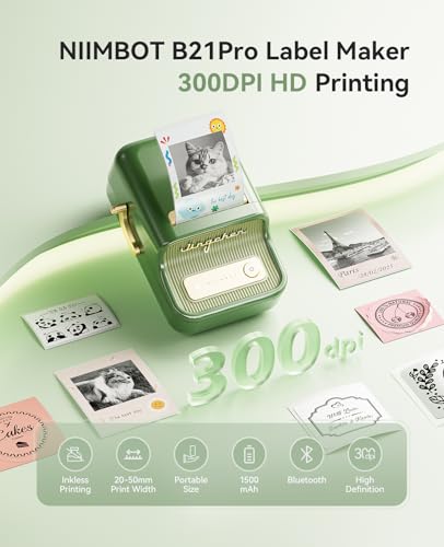NIIMBOT Label Maker, B21 Pro 300DPI HD Sticker Printer for Photos, Green | Red&Black Dual-Color Printer, Bluetooth Sticker Maker for Notes, Study Graphics, Memo Maker, Come with 2'' x 1.2'' Label Roll - color: Pine Green