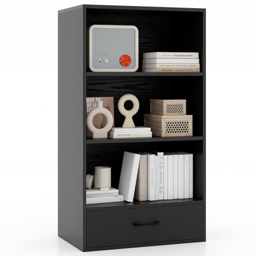 Tangkula 3 Tier Bookcase with Drawer, 42.5”Tall Freestanding Bookshelf with 3 Open Shelves & 1 Drawer, Anti-toppling Devices, Modern Display Storage Organizer for Home Office (Black, 42.5" H) - color: Black, size: 42.5"H