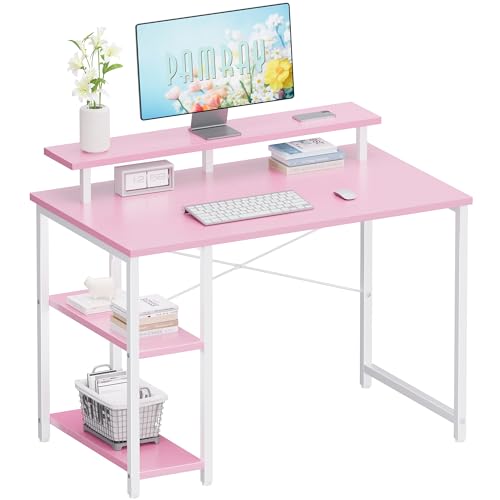 Pamray 33.5 Inch Small Computer Desk with Monitor Stand and Shelves | Sturdy, Space-Saving, Easy Assembly, Suitable for Bedroom, Office, Apartment and Dorm, Used for Writing and Studying - color: Pink