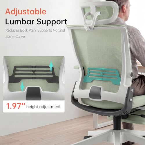 Ergonomic Foldable Office Chair with Footrest and Lumbar Support, Green | Compact desk chair with space-saving folding design, 2D headrest, 2D armrests, computer cahirs for home office - color: Green
