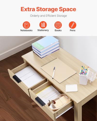 VEVOR Small Desk with Drawers, Wooden Table for Home Office, Small Computer Desk with Storage, Vanity Desk with Drawers, Study Table for Adults/Students for Drawing, Reading, Writing, Light Wood - size: 34.25"D x 15.55"W x 29.57"H