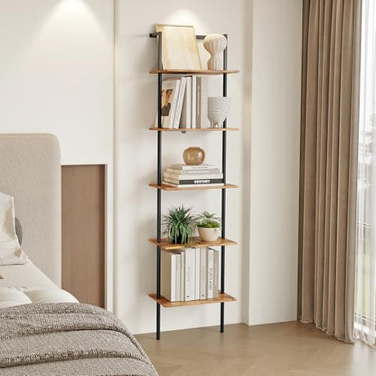 5-Tier Wall Mounted Ladder Shelf, Rustic Brown, 64.7" H - color: Rustic Brown, size: 5 Tier