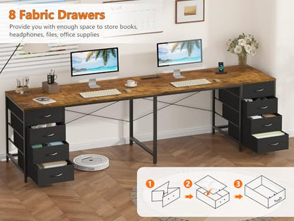 95" 2 Person Desk with 8 Fabric Drawers for Home Office, Living Room - color: Rustic Brown, size: 18.9"D x 94.5"W x 29.3"H