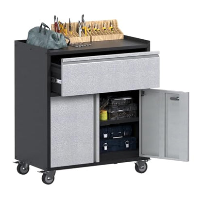 Rolling Garage Storage Cabinet with Door and Drawer, Lockable Metal Tool Cabinet on Wheels for Garage, Home, Office, Black & Gray, Assembly Required, (18.11" D x 30.31" W x 35.43" H) - size: 18.11" W x 30.29" D x 35.42" H