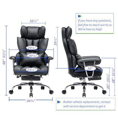 Efomao Big and Tall Office Chair with Foot Rest 400LBS, PU Leather Computer Chair, Heavy Duty Executive Office Chair with Lumbar Support, Black Home Office Chairs | 400lbs support, 135° recline, dual-layer foam cushion, 23.5" seat & footrest. BIFMA - colo