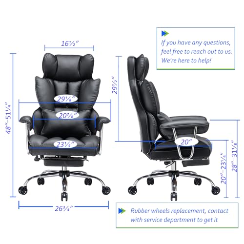 Efomao Big and Tall Office Chair with Foot Rest 400LBS, PU Leather Computer Chair, Heavy Duty Executive Office Chair with Lumbar Support, Black Home Office Chairs | 400lbs support, 135° recline, dual-layer foam cushion, 23.5" seat & footrest. BIFMA - colo
