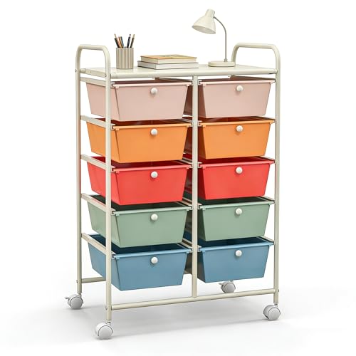COSTWAY 10 Drawer Rolling Storage Cart, Utility Cart with Lockable Wheels | Mobile Art Supply Craft Organizer with Metal Frame, Multipurpose Drawer Cart for Paper for Office, School, Macaron - color: Macaron, size: 10 Drawer