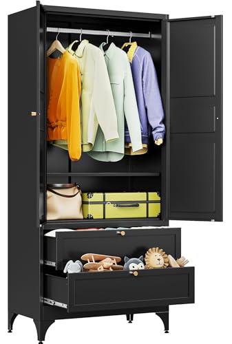 SISESOL Metal Wardrobe Cabinet with Drawer,Armoire Wardrobe Closet with Doors,Black Metal Clothing Storage Cabinet with Adjustable Shelves and Hanging Rod for Bedroom,Laundry,Home - color: Black, size: 72"H with 2 Drawers