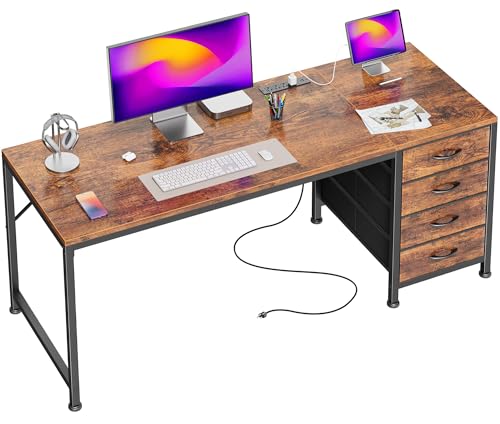55.1 Inch Computer Office Desk with Power Outelts and USB-C Port, Reversible Gaming Desk with 4 Fabric Drawers, Work Study Desk Work from Home, Rustic Brown - color: Rustic Brown, size: 55 inch