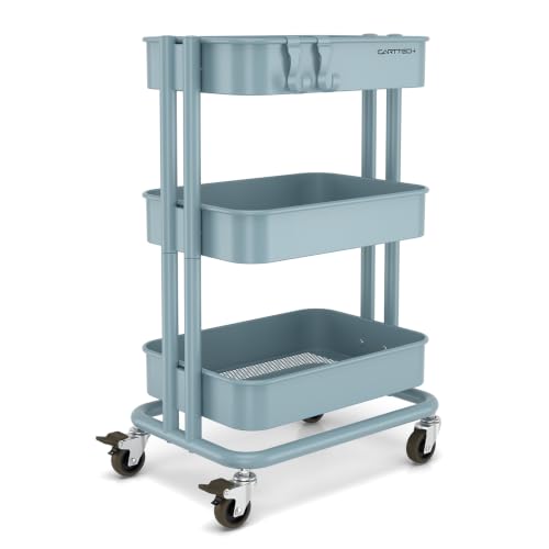 3 Tier Rolling Cart Metal Utility Cart with Lockable Wheels Home Office - color: Blue, size: Small