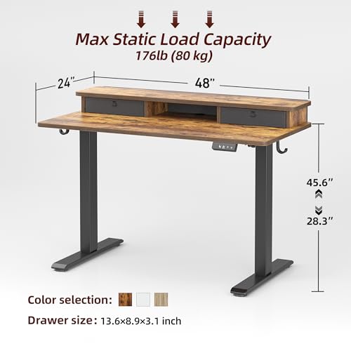 TIQLAB Standing Desk with Two Drawers, Stand Up Standing Desk Adjustable Height, Electric Sit Stand Table with Storage Shelf and Splice Board, 48 * 24 inch, Rustic Brown - color: Rustic Brown, size: 47*24 inch without keyboard tray